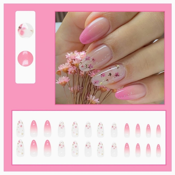 Floral Pink French Full Cover Stick on Nails Almond Glossy Gradient Pink NWT - Picture 2 of 6